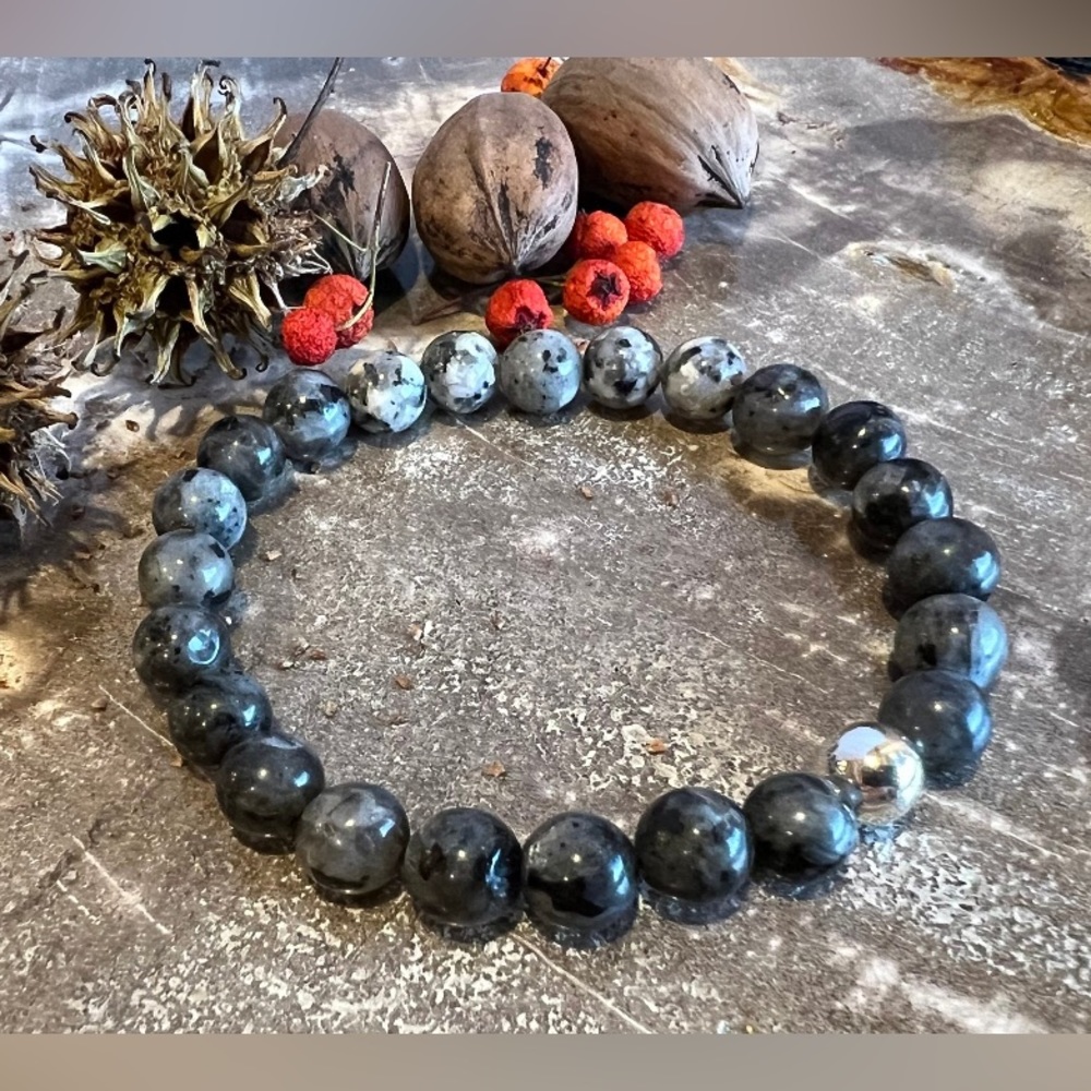 Men .925 Silver Grey Larvikite Bracelet Sesame Kiwi Jasper Gemstone Stretch 19cm
